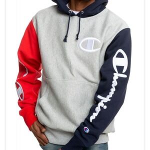 Champion Reverse Weave Colorblock Hoodie Mens‎ Small Grey Red Navy Script Logo